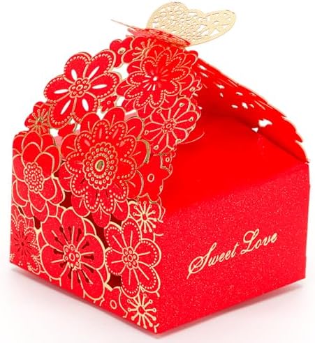 KAZIPA 50pcs Laser Cut Butterfly Favor Boxes Gold Stamping Red