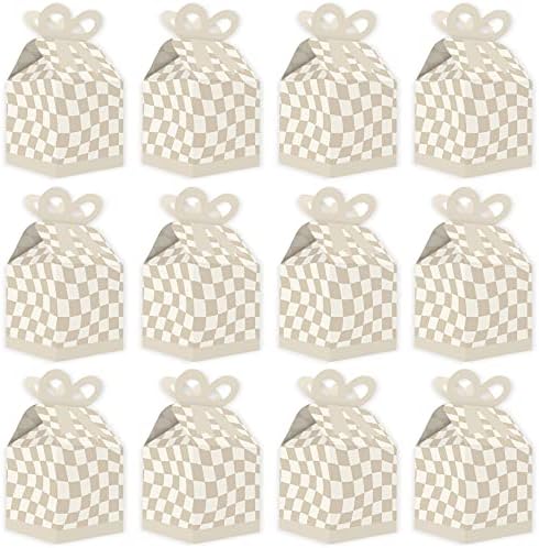 Big Dot of Happiness Tan Checkered Bow Gift Boxes Set of 12