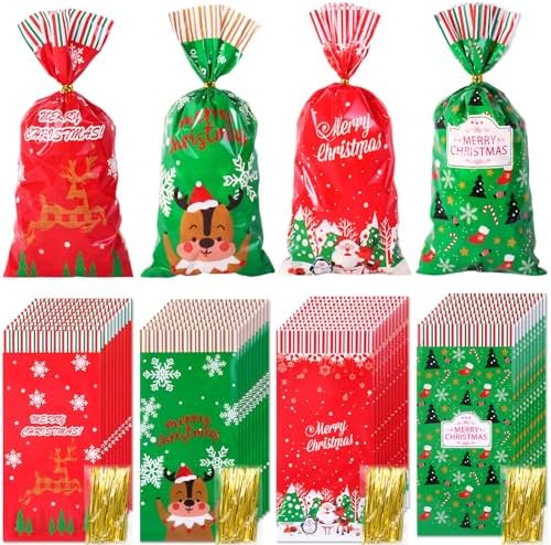 Jexila 200PCS Christmas Cellophane Bags with Twist Ties
