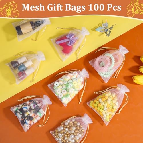 100PCS White Organza Gift Bags with Gold Drawstring