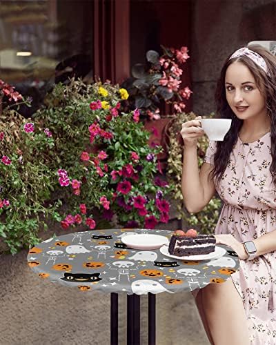 Halloween Grey Round Waterproof Table Cover Fitted Tablecloth