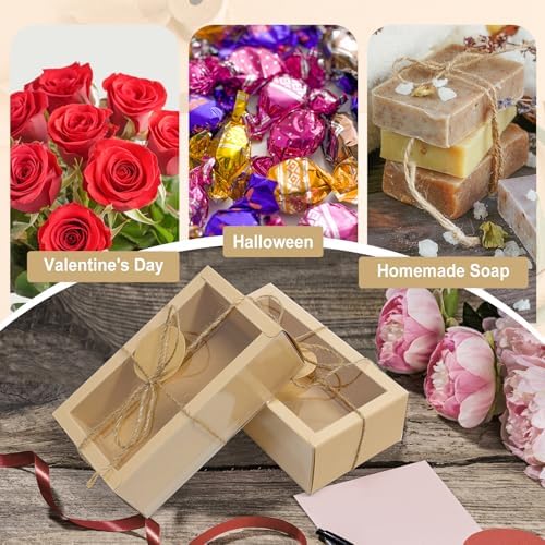 30 Sets Kraft Gift Boxes with Clear Window and Jute String