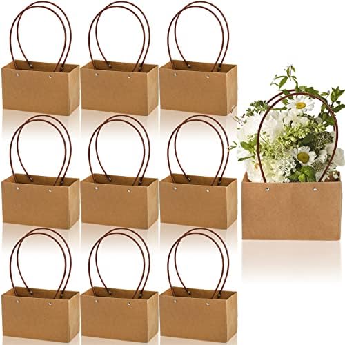 DEAYOU 10-Pack Brown Kraft Flower Gift Bags with Handles