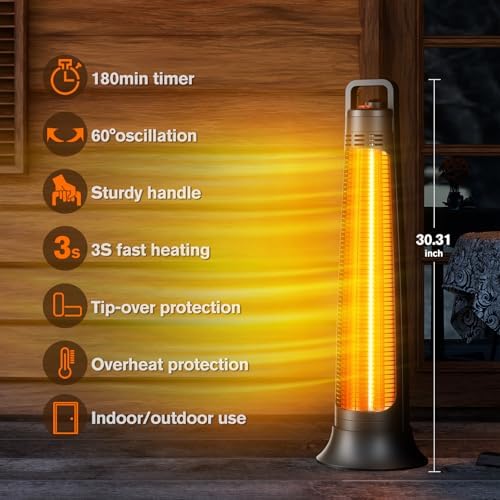 FLOWBREEZE Electric Patio Heater with 60 Degree Oscillation and 3S Instant Heating