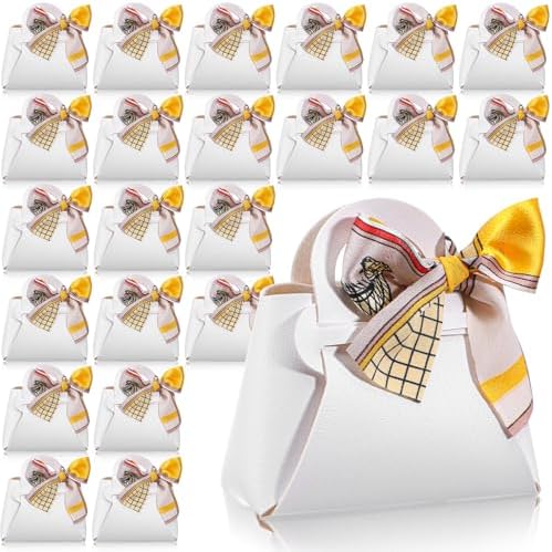 HOFURME 24 Pack White Leather Candy Gift Bags with Handle and Ribbon