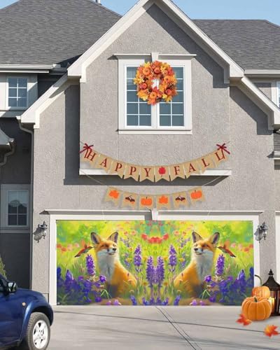 Singingin Fall Garage Door Banner 7x8 ft Fox Hummingbird Lavender Flowers
