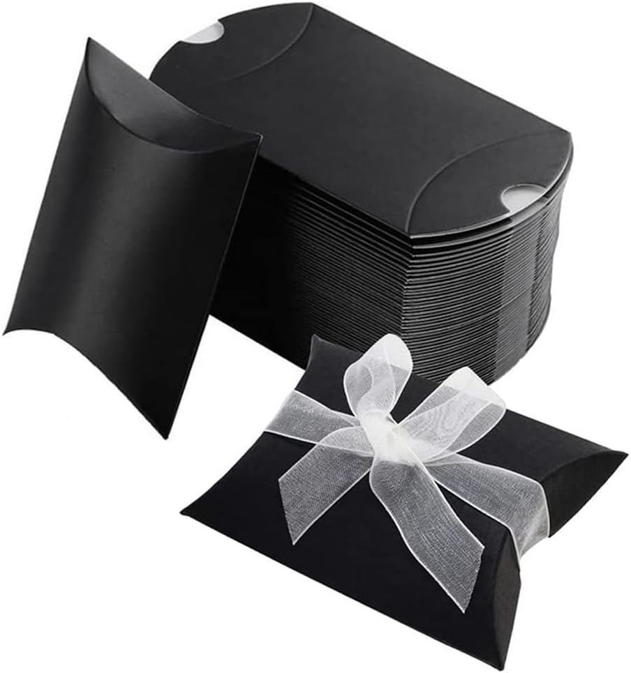 QUUPY 50PCS Black Kraft Paper Pillow Boxes with Ribbons