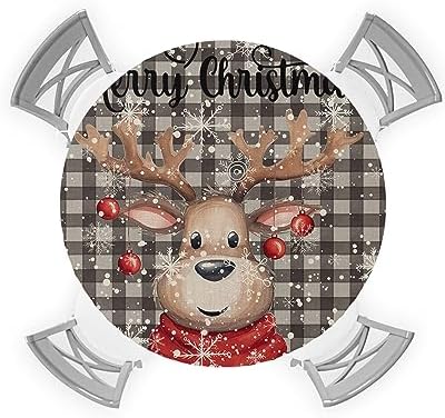 Christmas Elk Round Waterproof Table Cover Fitted Tablecloth