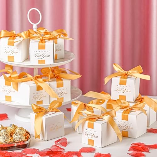 Zhanmai 60 Pcs Mini Wedding Favor Boxes with Gold Ribbon