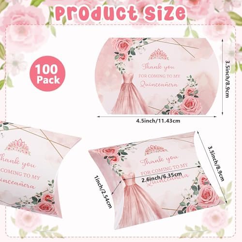 100 PCS Quinceanera Pillow Gift Boxes Rose Gold 15th Birthday Party Favors