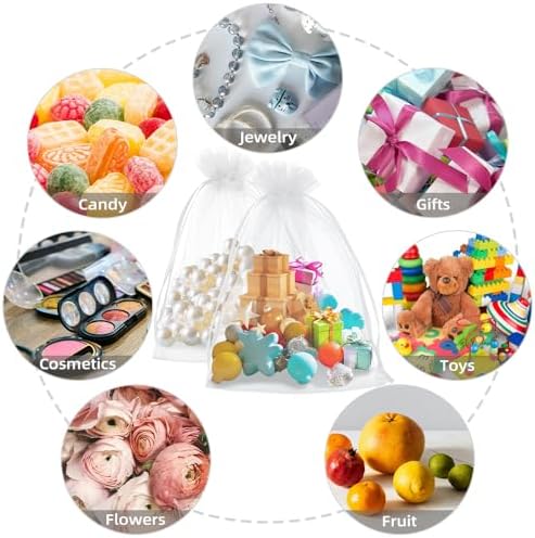 100 Pcs White Organza Gift Bags 6x9 Inch Drawstring Mesh Bags