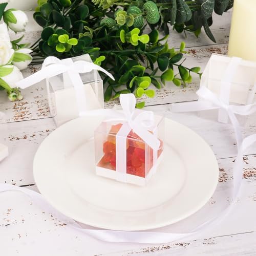 Hxezoc 50 Pack Clear Candy Gift Boxes with White Ribbons
