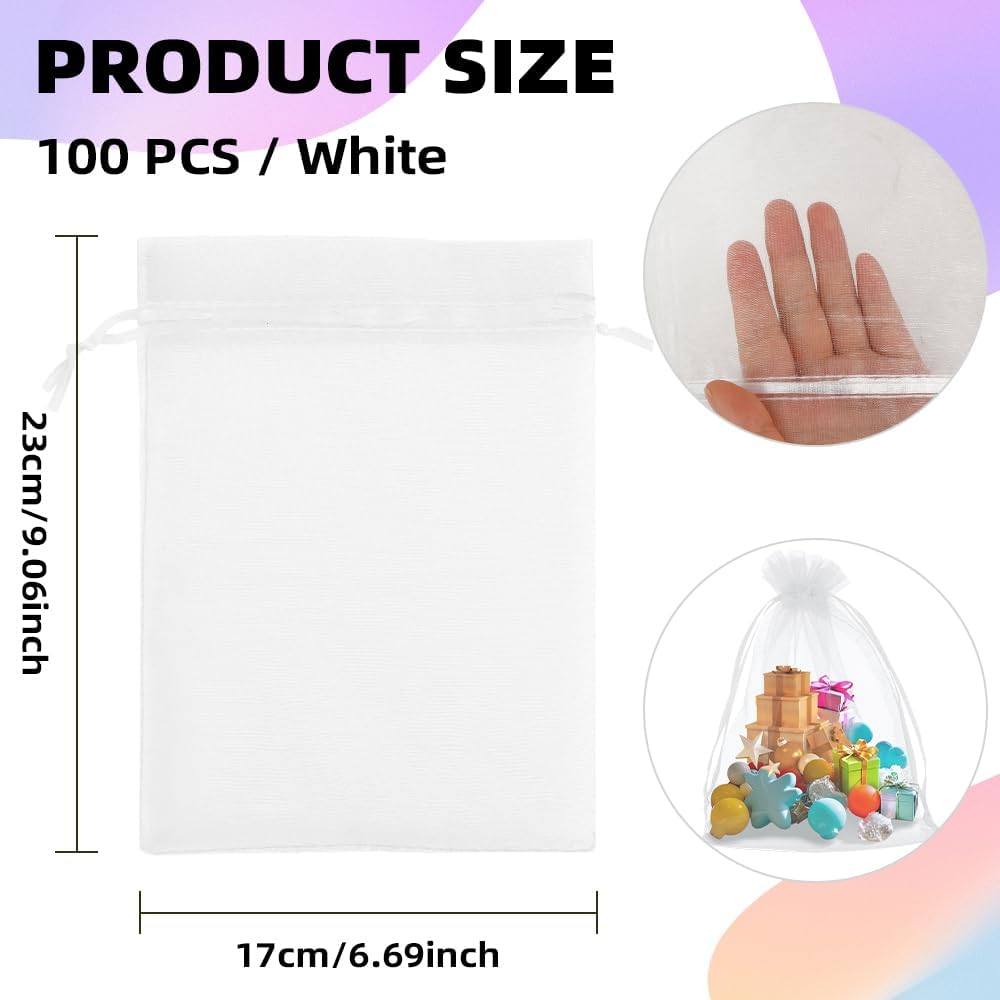 100 Pcs White Organza Gift Bags 6x9 Inch Drawstring Mesh Bags