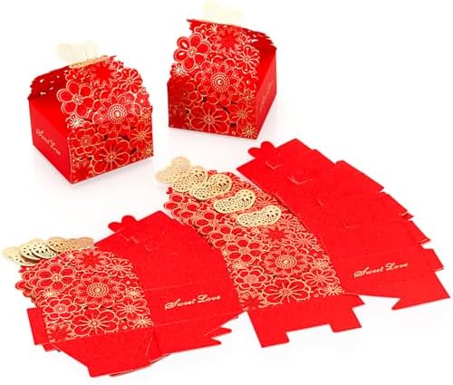 KAZIPA 50pcs Laser Cut Butterfly Favor Boxes Gold Stamping Red