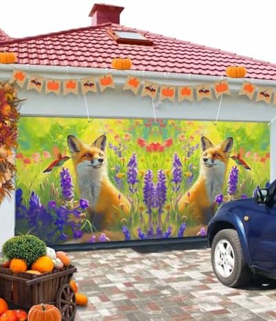 Singingin Fall Garage Door Banner 7x8 ft Fox Hummingbird Lavender Flowers