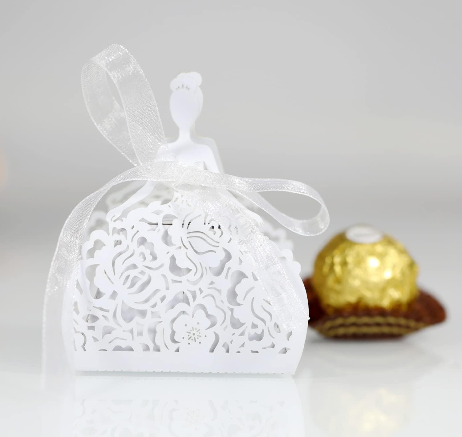 50 Pack Laser Cut Girl Rose Wedding Candy Boxes with Ribbon 1