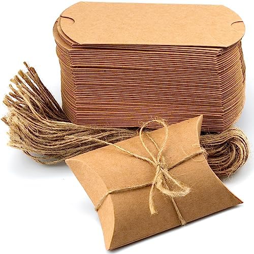 IFAMIO 50 Pcs Kraft Paper Pillow Gift Boxes with Jute Rope
