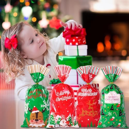 Jexila 200PCS Christmas Cellophane Bags with Twist Ties
