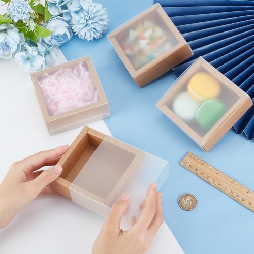 BENECREAT 16 Pack Square Brown Gift Boxes with PVC Windows