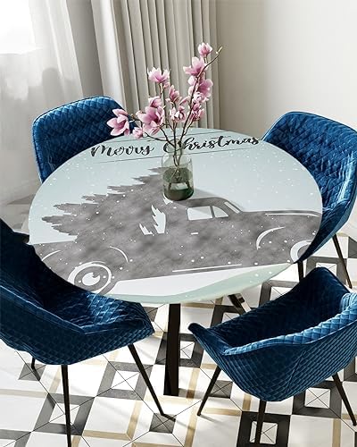 Christmas Round Waterproof Table Cover with Elastic Wipeable Fabric
