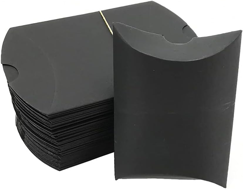 QUUPY 50PCS Black Kraft Paper Pillow Boxes with Ribbons