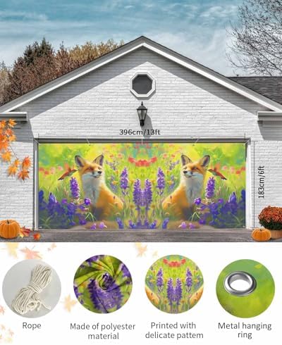 Singingin Fall Garage Door Banner 7x8 ft Fox Hummingbird Lavender Flowers
