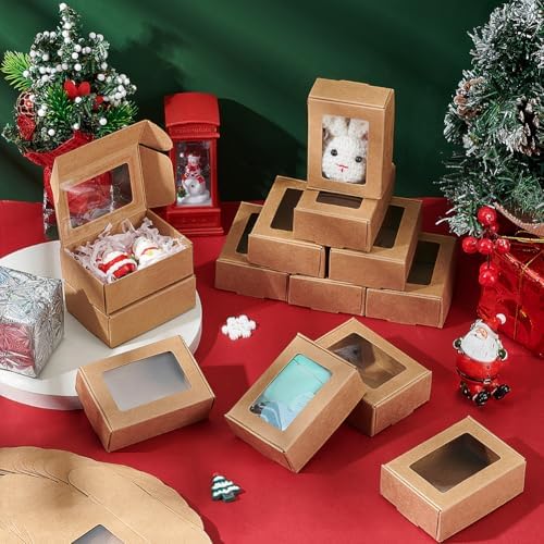 BENECREAT 30 Pack Rectangle Brown Kraft Gift Boxes with Clear Window