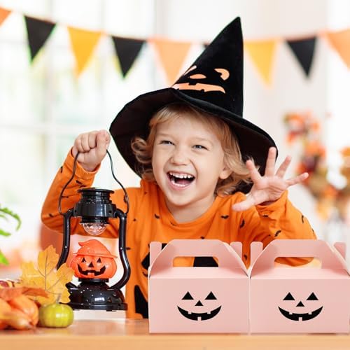 JarThenaAMCS 50Pcs Pink Halloween Treat Boxes with Handle