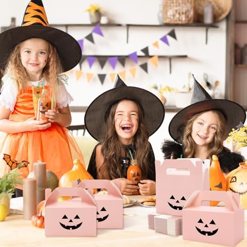 JarThenaAMCS 50Pcs Pink Halloween Treat Boxes with Handle
