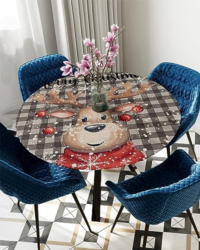 Christmas Elk Round Waterproof Table Cover Fitted Tablecloth