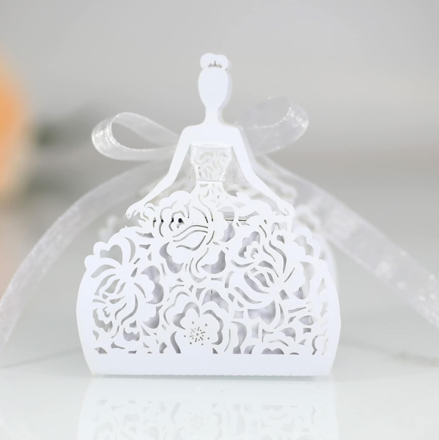 50 Pack Laser Cut Girl Rose Wedding Candy Boxes with Ribbon 1