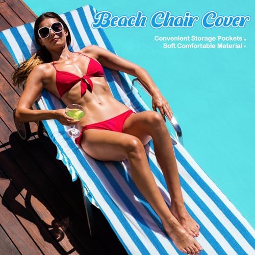 6 Pcs Chaise Lounge Towel Covers with Pockets 30x85in Blue