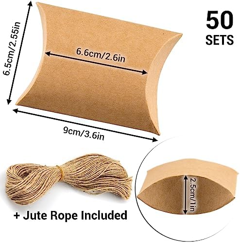 IFAMIO 50 Pcs Kraft Paper Pillow Gift Boxes with Jute Rope