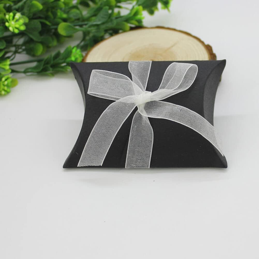QUUPY 50PCS Black Kraft Paper Pillow Boxes with Ribbons
