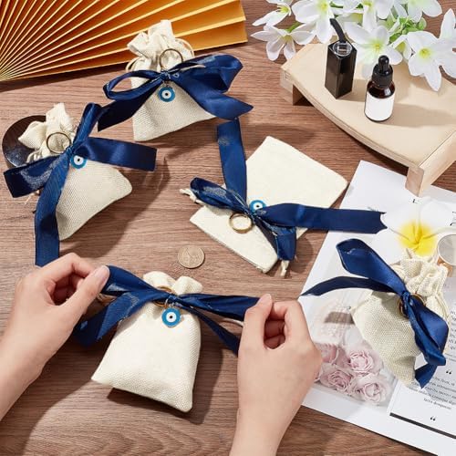 NBEADS 10 Pcs Linenette Gift Bags with Blue Bow and Evil Eye Pendants
