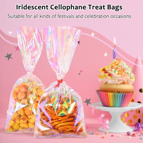 JOINDO 100PCS Iridescent Treat Bags with Twist Ties