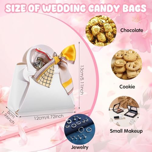 HOFURME 24 Pack White Leather Candy Gift Bags with Handle and Ribbon