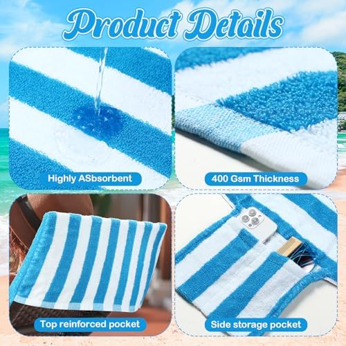 6 Pcs Chaise Lounge Towel Covers with Pockets 30x85in Blue