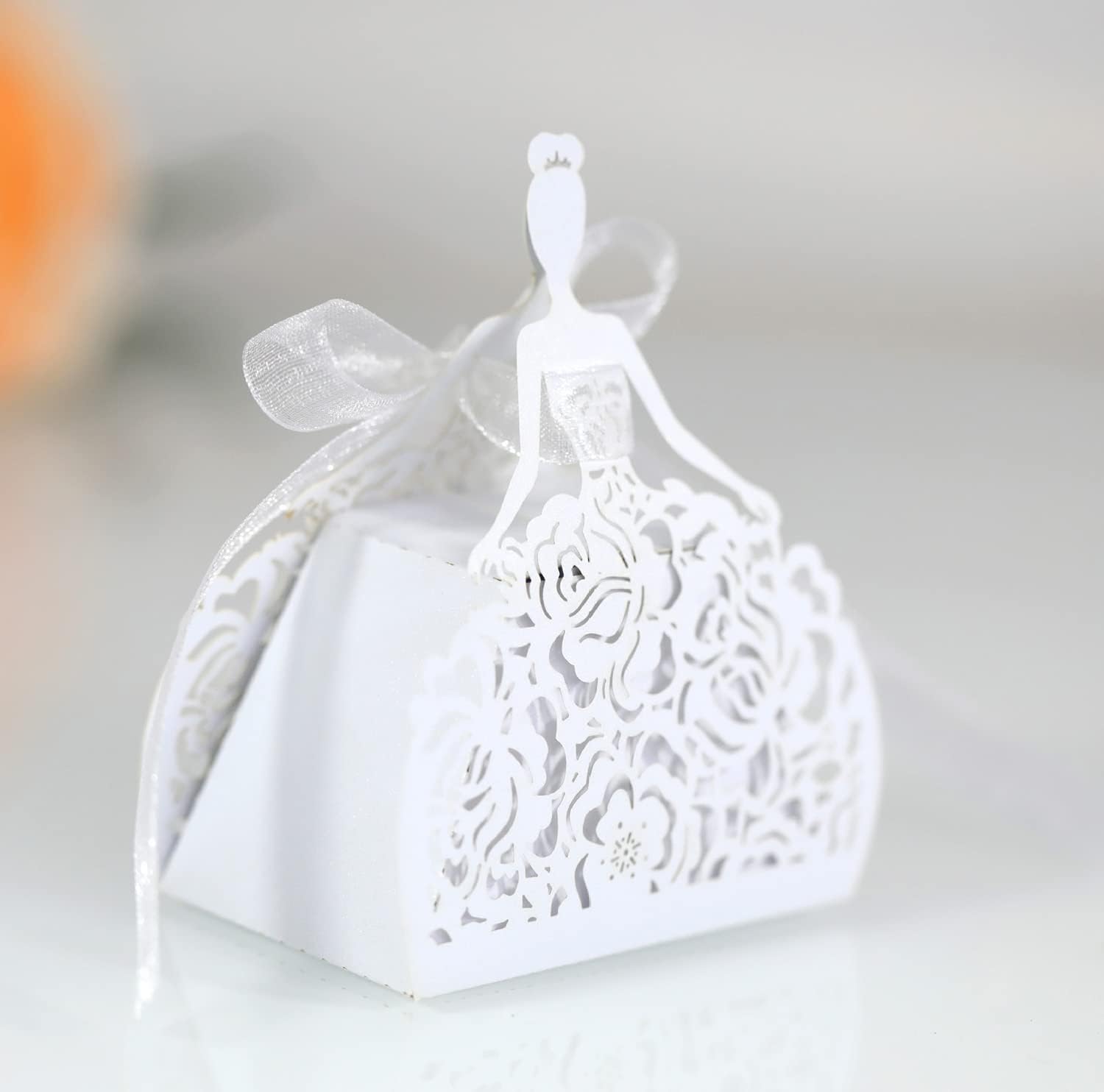 50 Pack Laser Cut Girl Rose Wedding Candy Boxes with Ribbon 1