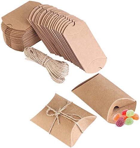 AKOAK Kraft Paper Pillow Gift Boxes with Jute Twines Pack of 50
