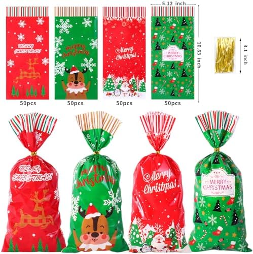 Jexila 200PCS Christmas Cellophane Bags with Twist Ties