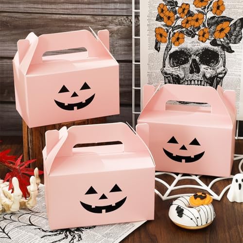 JarThenaAMCS 50Pcs Pink Halloween Treat Boxes with Handle