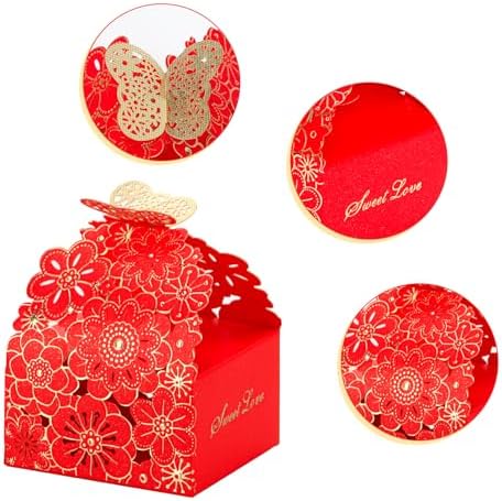 KAZIPA 50pcs Laser Cut Butterfly Favor Boxes Gold Stamping Red