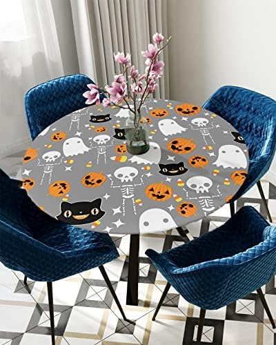 Halloween Grey Round Waterproof Table Cover Fitted Tablecloth