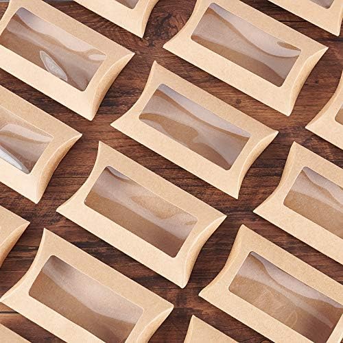 BENECREAT 30pcs Brown Kraft Paper Pillow Boxes with Clear Window