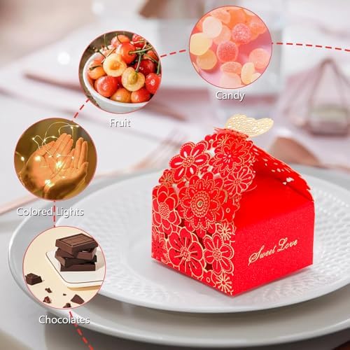 KAZIPA 50pcs Laser Cut Butterfly Favor Boxes Gold Stamping Red