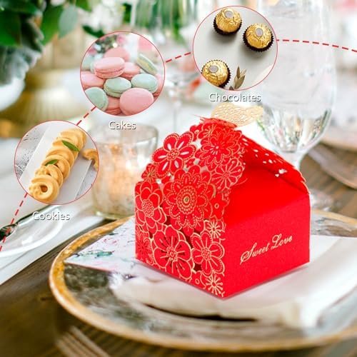 KAZIPA 50pcs Laser Cut Butterfly Favor Boxes Gold Stamping Red