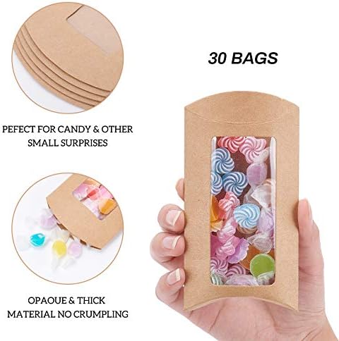 BENECREAT 30pcs Brown Kraft Paper Pillow Boxes with Clear Window