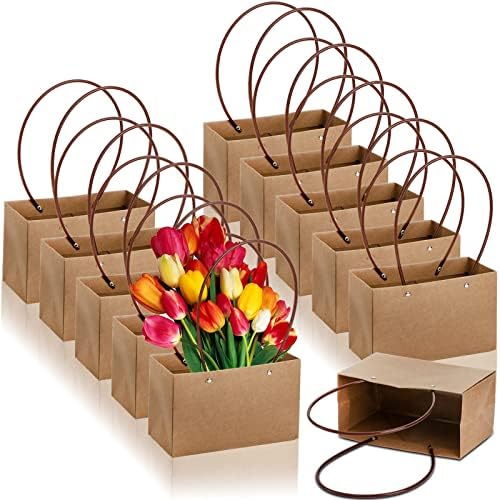 DEAYOU 10-Pack Brown Kraft Flower Gift Bags with Handles