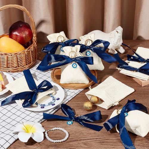 NBEADS 10 Pcs Linenette Gift Bags with Blue Bow and Evil Eye Pendants